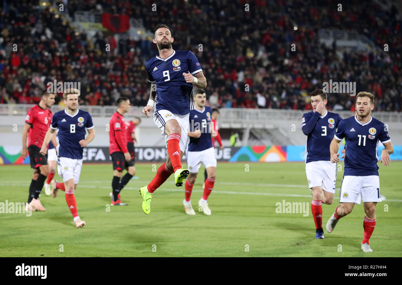 Scotland's Steven Fletcher (centre) celebrates scoring his side's second goal of the game from a penalty during the UEFA Nations League, Group C1 match at the Loro Borici Stadium, Shkoder. Stock Photo