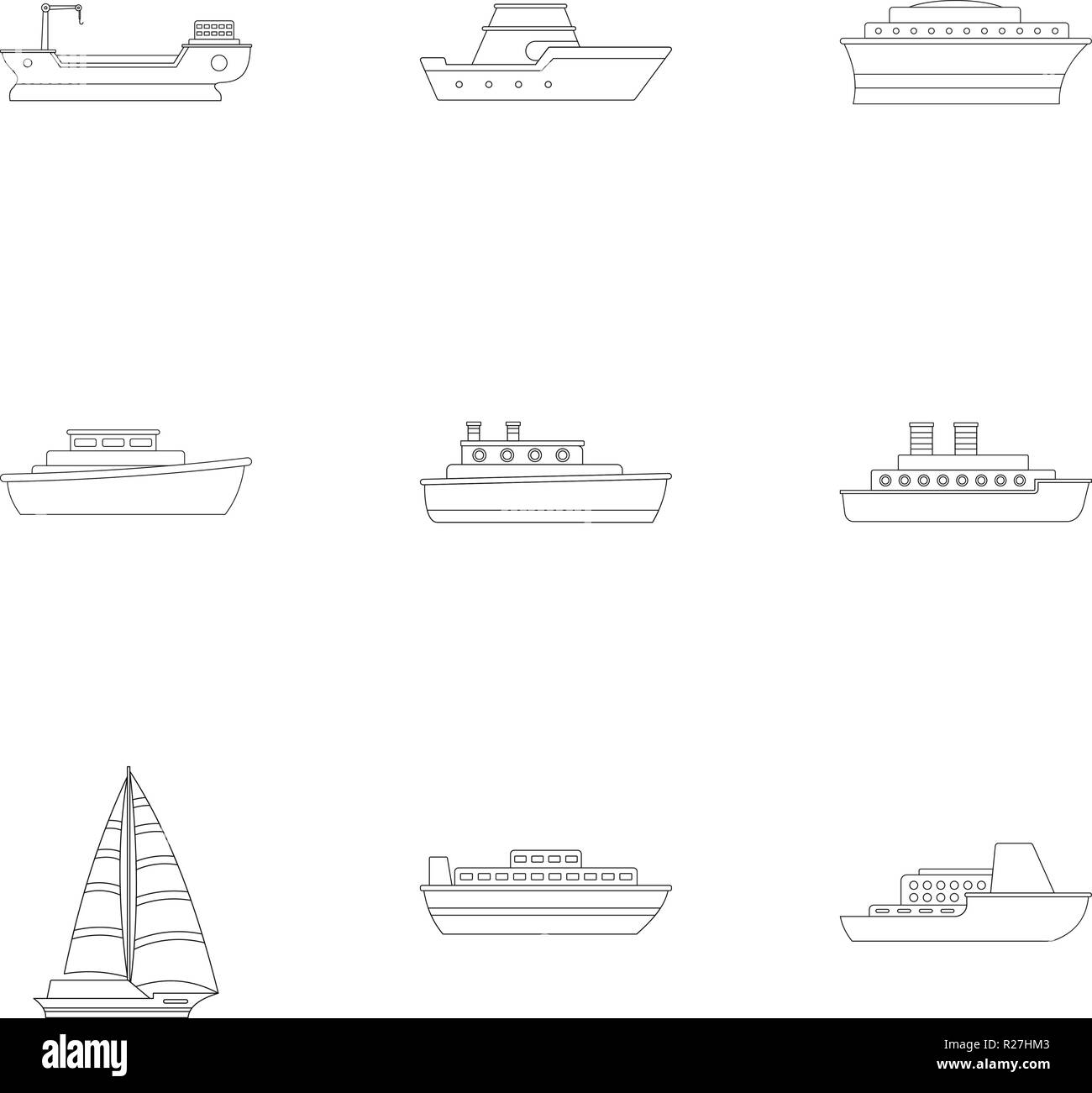 Speedboat icons set. Outline set of 9 speedboat vector icons for web isolated on white background Stock Vector