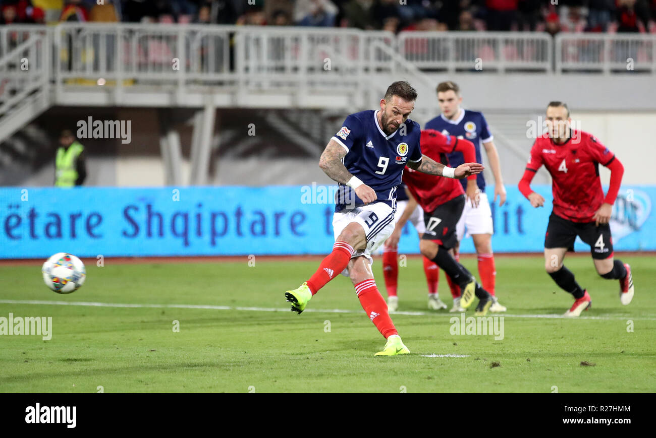 Scotland's Steven Fletcher scores his side's second goal of the game from a penalty during the UEFA Nations League, Group C1 match at the Loro Borici Stadium, Shkoder. Stock Photo