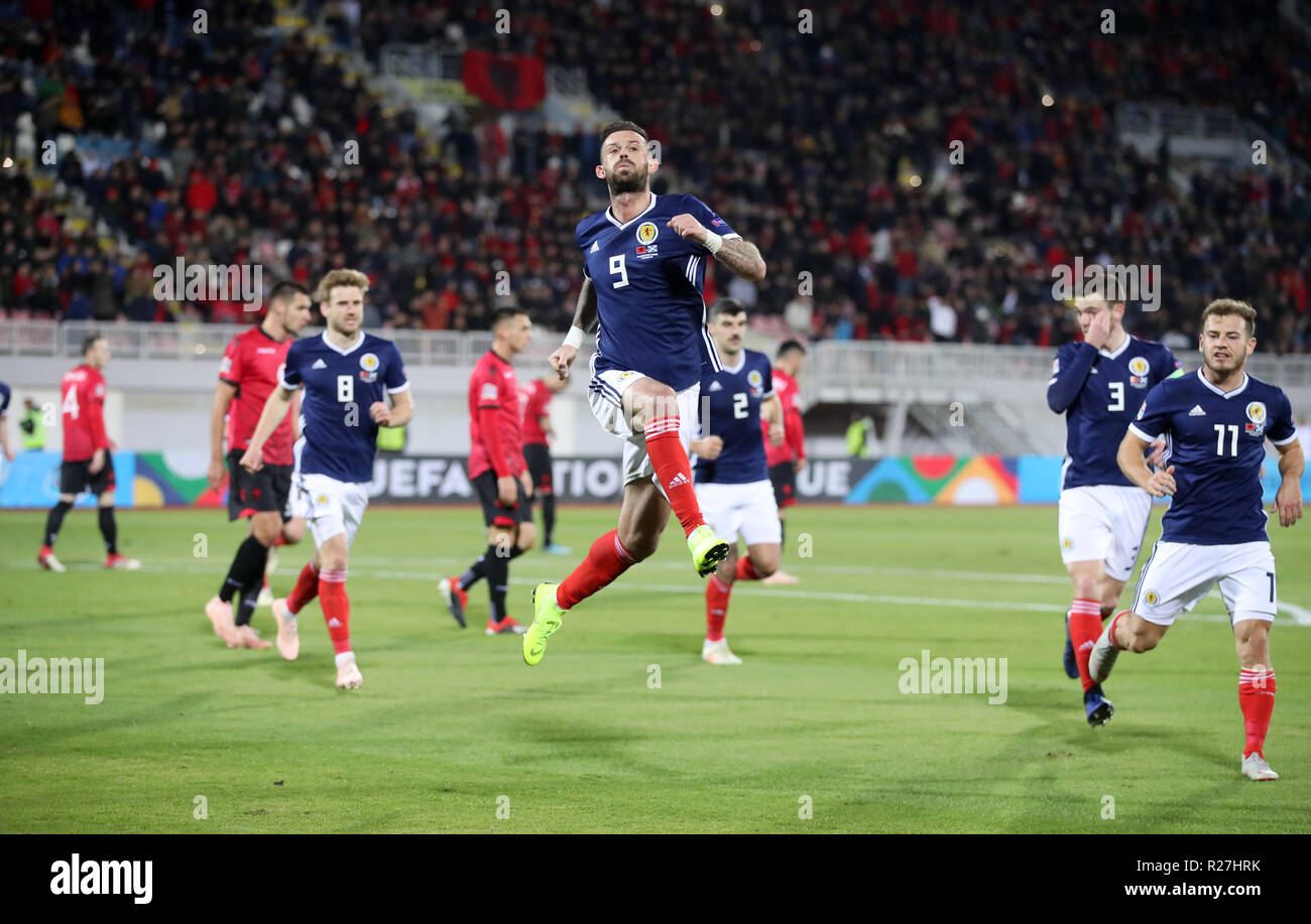 Scotland's Steven Fletcher (centre) celebrates scoring his side's second goal of the game from a penalty during the UEFA Nations League, Group C1 match at the Loro Borici Stadium, Shkoder. Stock Photo