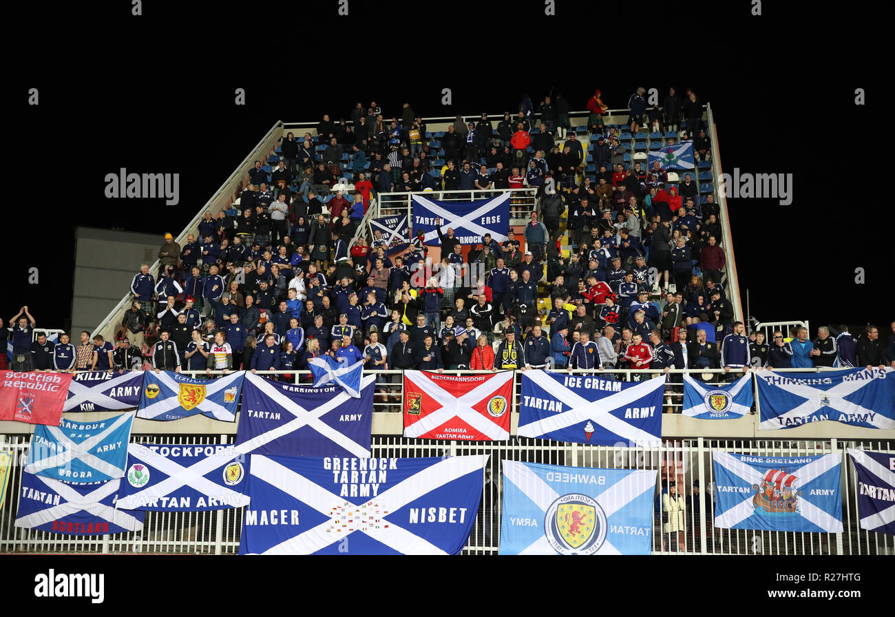 Scotland fans in the stands at half time during the UEFA Nations League, Group C1 match at the Loro Borici Stadium, Shkoder. Stock Photo