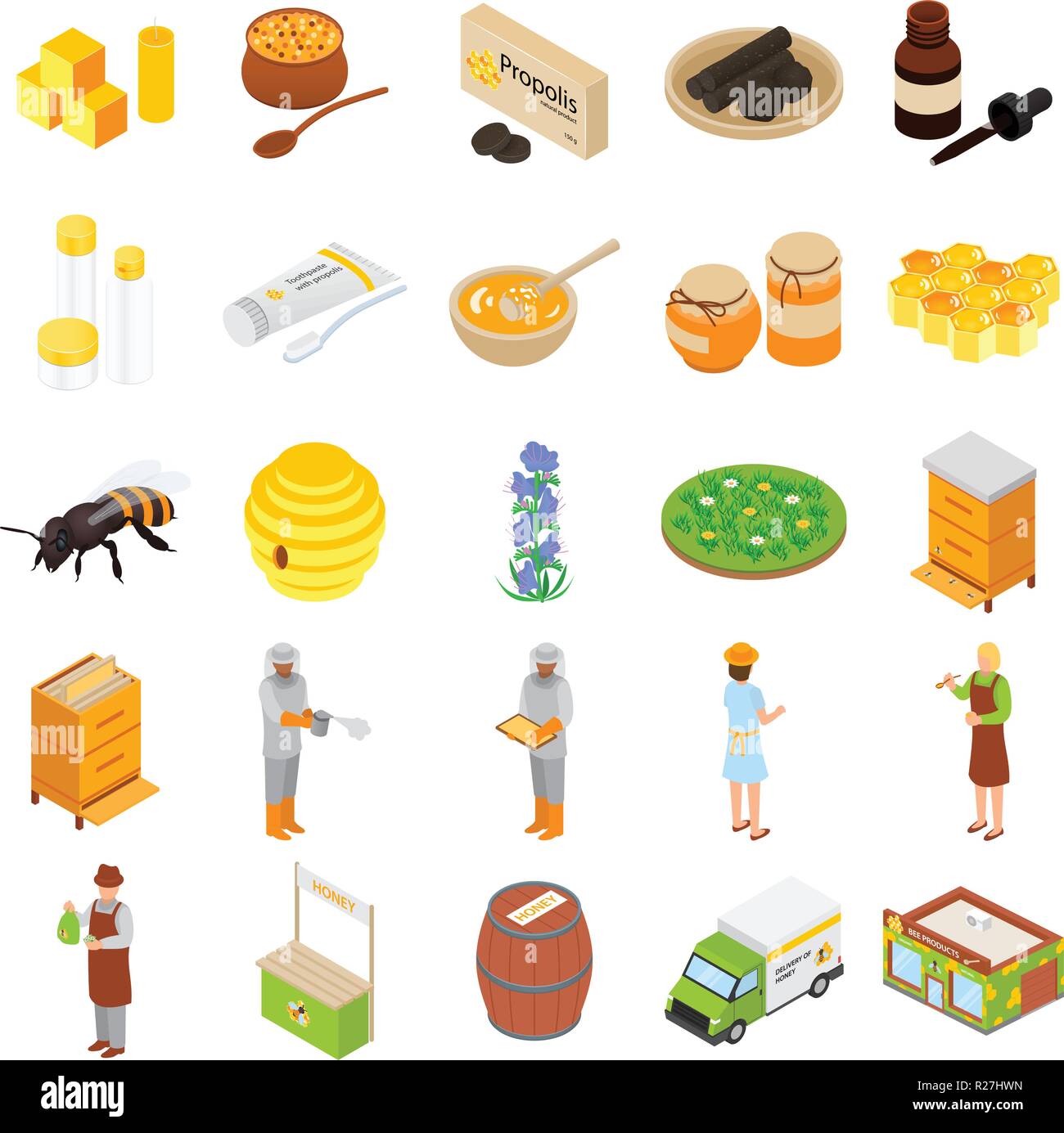 Propolis honey apiary icons set. Isometric illustration of 25 propolis ...