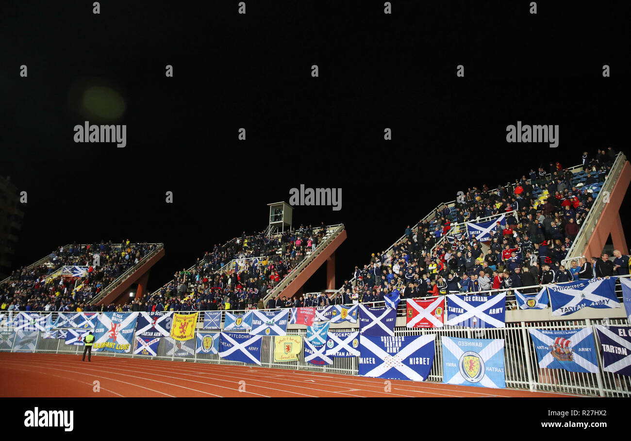 Scotland fans in the stands at half time during the UEFA Nations League, Group C1 match at the Loro Borici Stadium, Shkoder. Stock Photo
