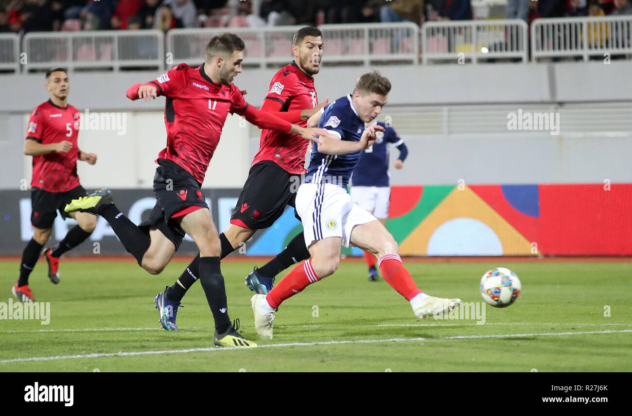 Scotland's James Forrest (centre) scores his side's third goal of the game during the UEFA Nations League, Group C1 match at the Loro Borici Stadium, Shkoder. Stock Photo