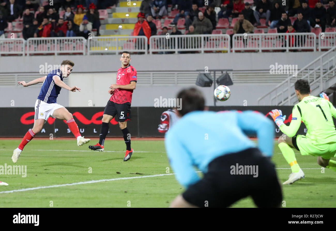 Scotland's James Forrest (left) scores his side's fourth goal of the game during the UEFA Nations League, Group C1 match at the Loro Borici Stadium, Shkoder. Stock Photo