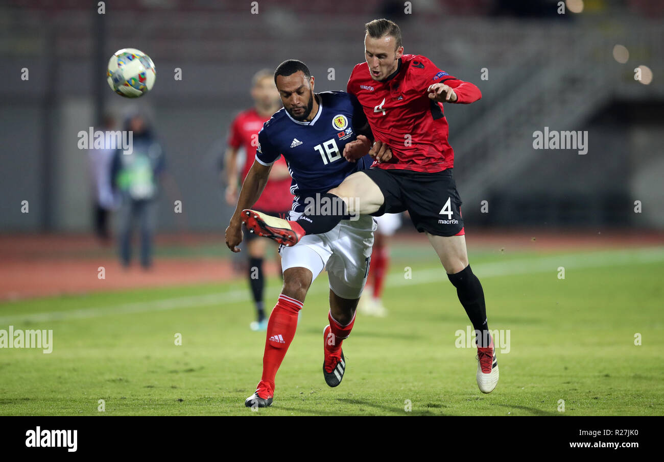 Scotland's Matthew Phillips (left) and Albania's Adrian Ismajli battle for the ball during the UEFA Nations League, Group C1 match at the Loro Borici Stadium, Shkoder. Stock Photo