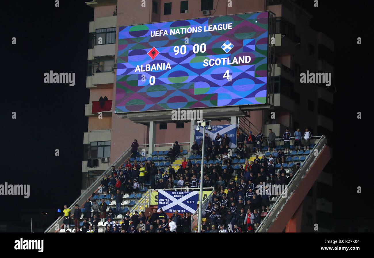 A general view of the scoreboard reading 4-0 at full time during the UEFA Nations League, Group C1 match at the Loro Borici Stadium, Shkoder. Stock Photo