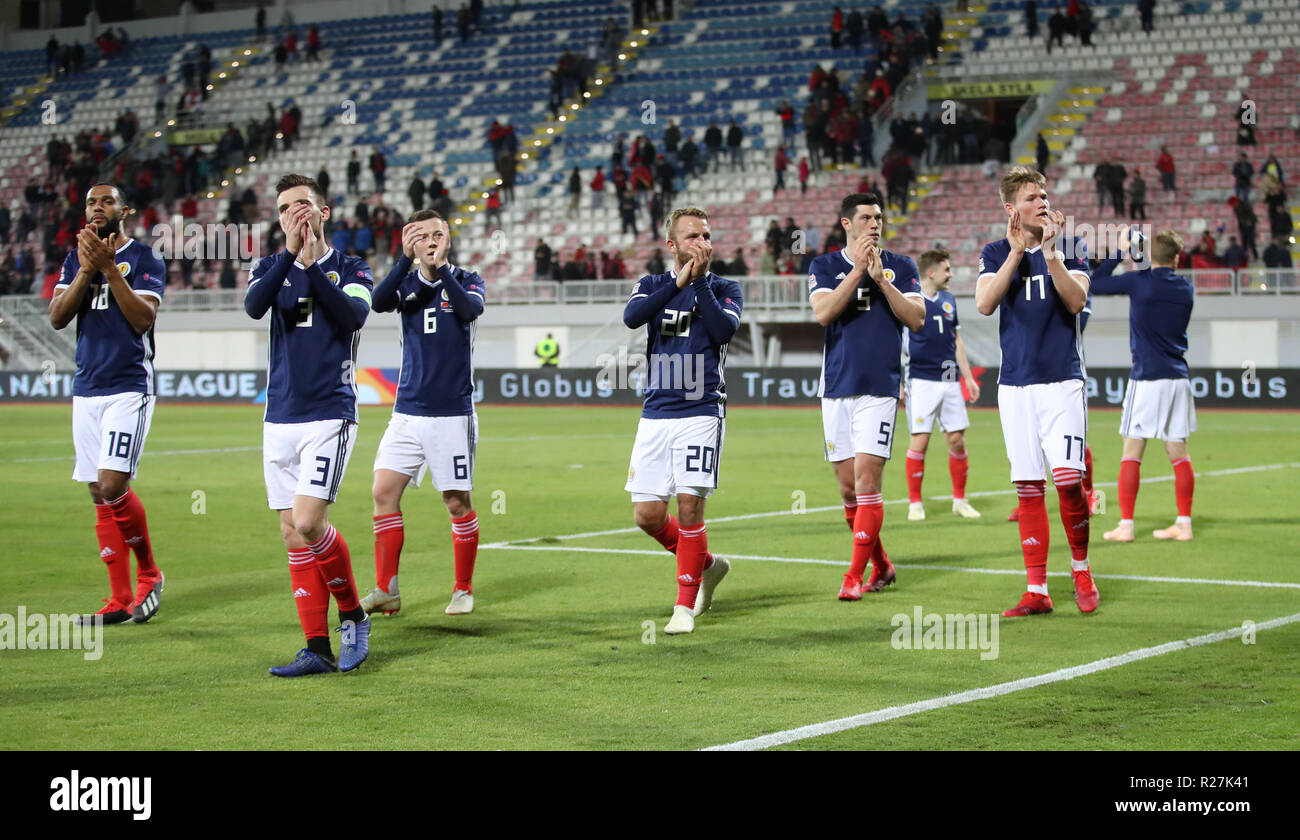 Scotland players react after the final whistle during the UEFA Nations League, Group C1 match at the Loro Borici Stadium, Shkoder. Stock Photo