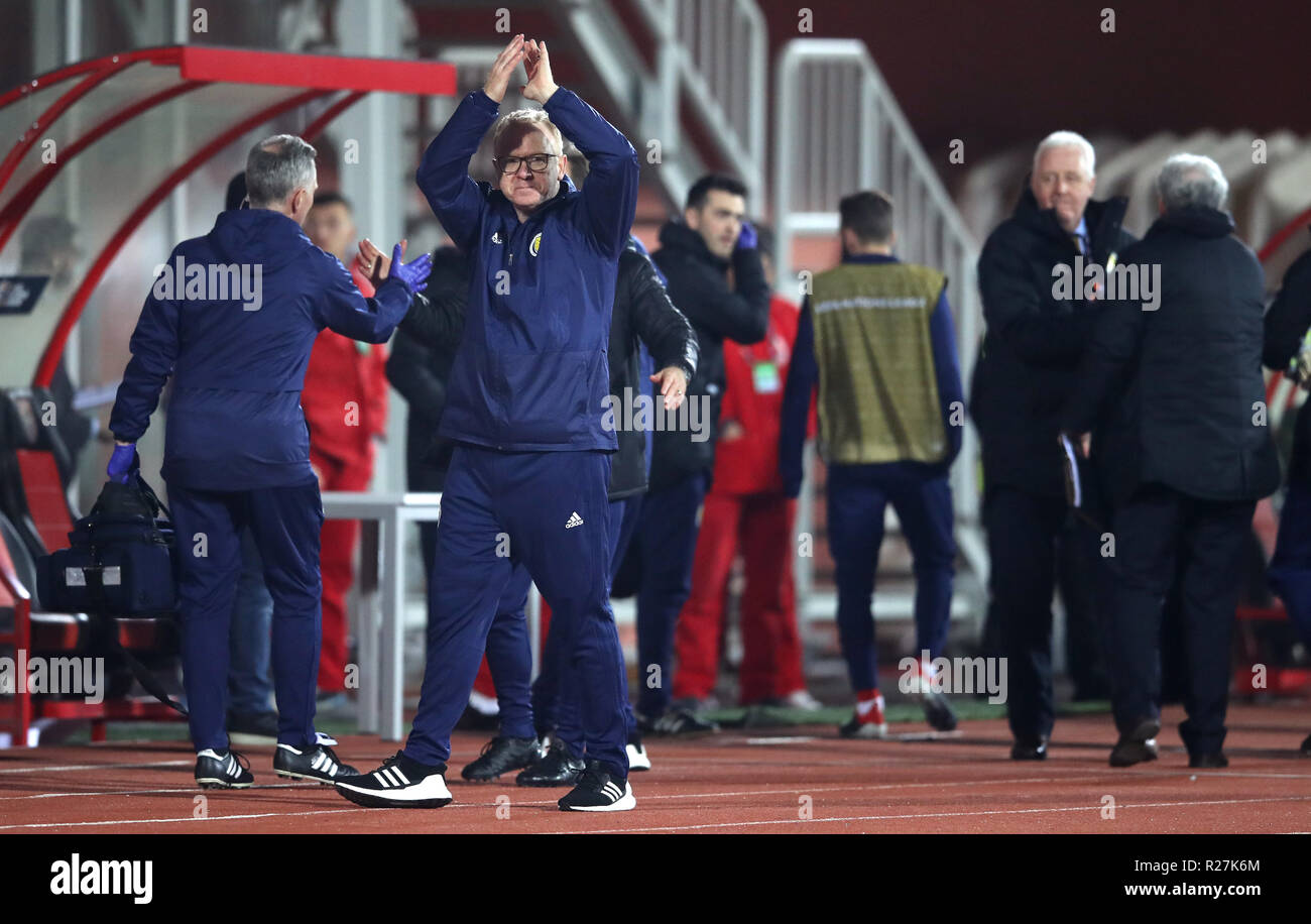 Scotland manager Alex McLeish celebrates after the final whistle during the UEFA Nations League, Group C1 match at the Loro Borici Stadium, Shkoder. Stock Photo