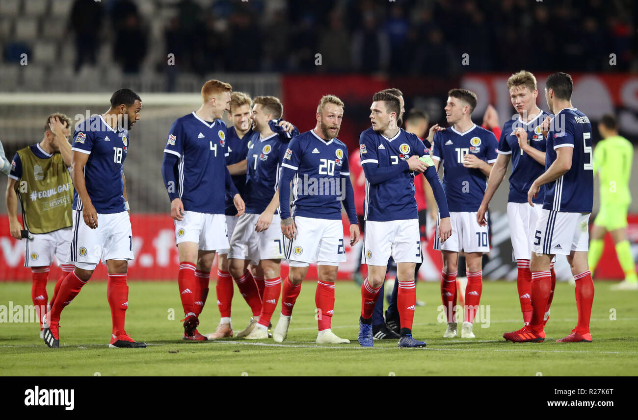 Scotland players celebrate after the final whistle during the UEFA Nations League, Group C1 match at the Loro Borici Stadium, Shkoder. Stock Photo