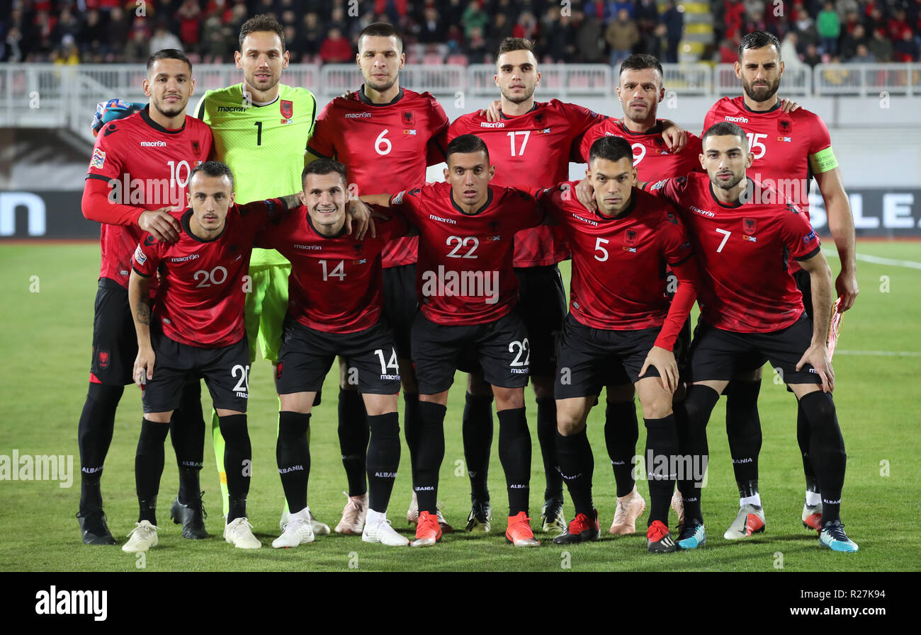 An Albania team group photo during the UEFA Nations League, Group C1 match at the Loro Borici Stadium, Shkoder Stock Photo