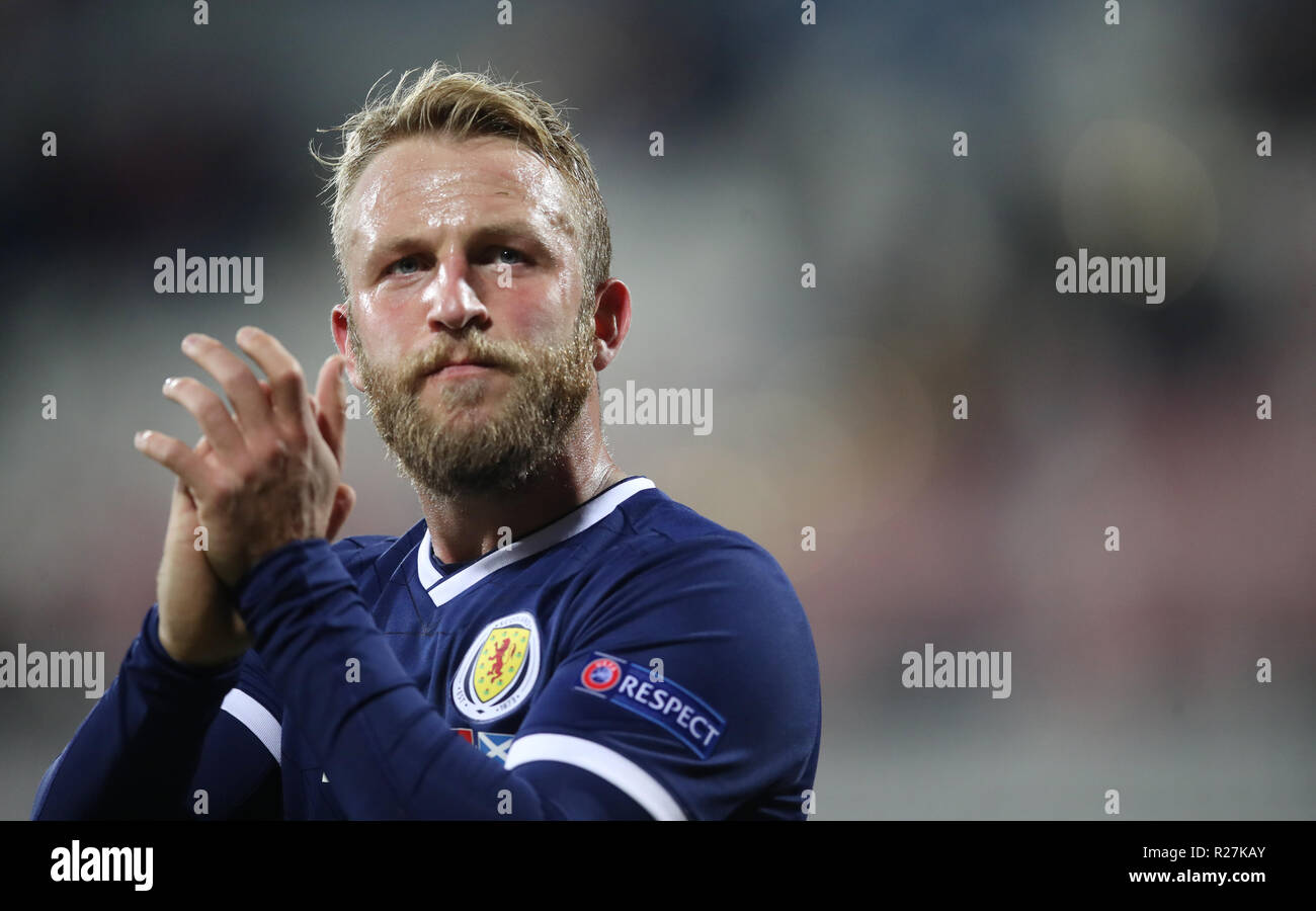 Scotland's Johnny Russell reacts after the final whistle during the UEFA Nations League, Group C1 match at the Loro Borici Stadium, Shkoder. Stock Photo