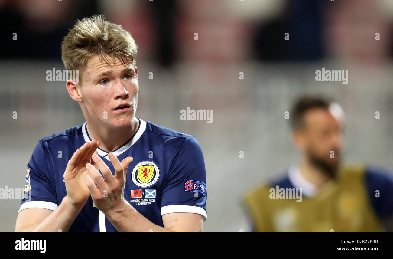 Scotland's Scott McTominay reacts after the final whistle during the UEFA Nations League, Group C1 match at the Loro Borici Stadium, Shkoder. Stock Photo