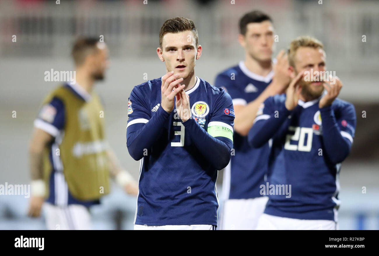 Scotland's Andrew Robertson reacts after the final whistle during the UEFA Nations League, Group C1 match at the Loro Borici Stadium, Shkoder. Stock Photo