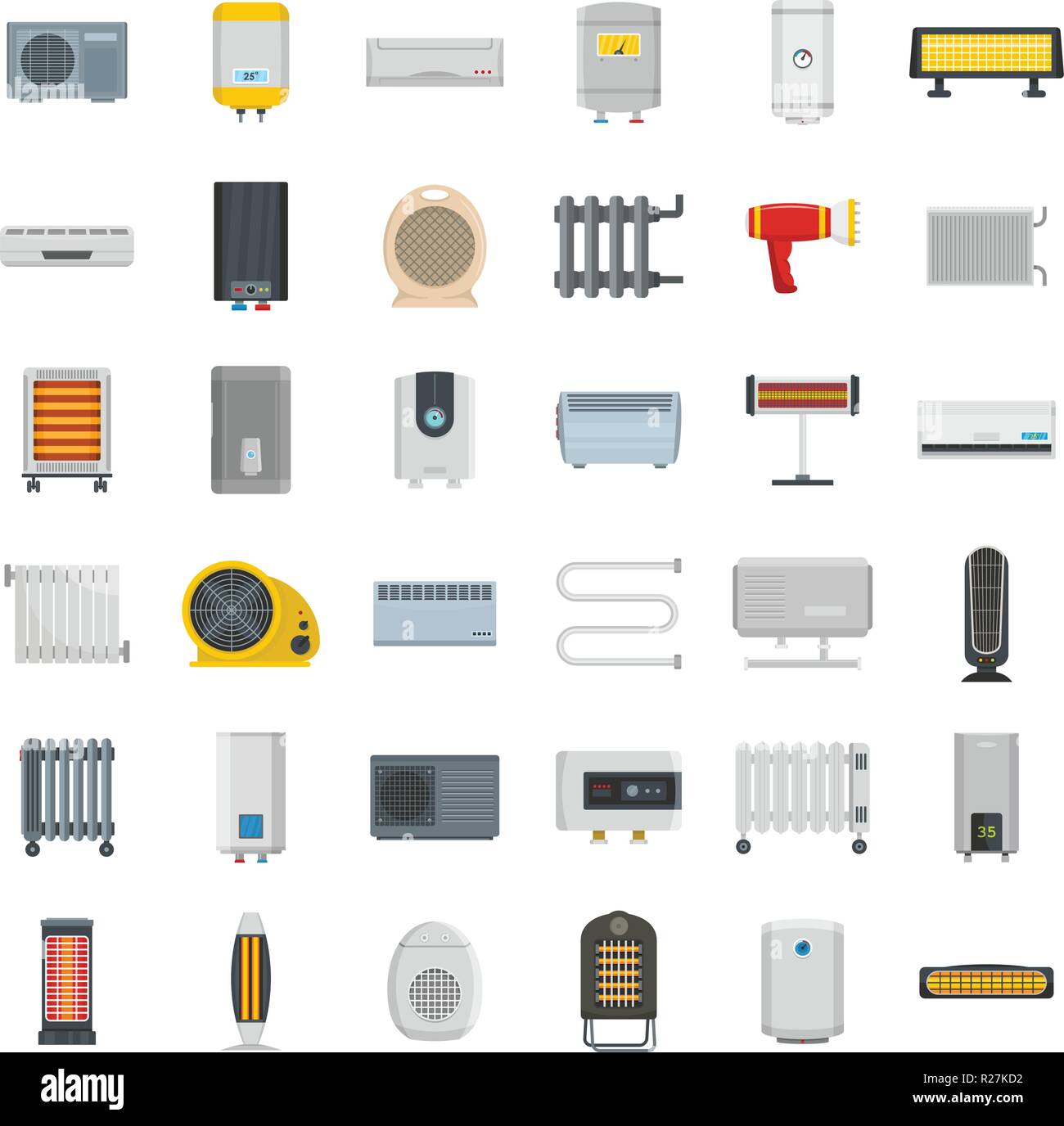 Electric heater device icons set. Flat illustration of 36 electric