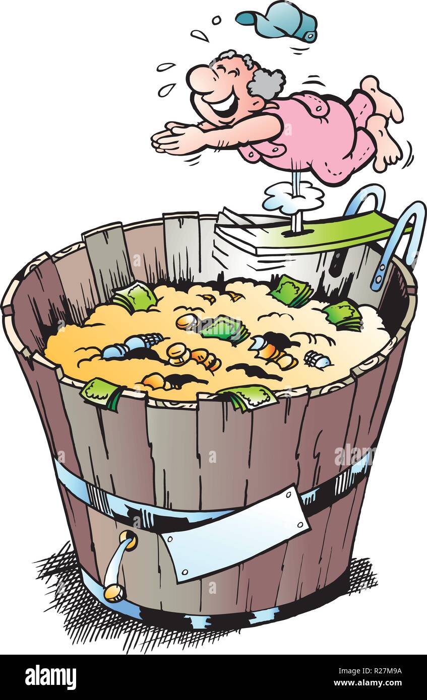 Cartoon Vector illustration of a rich pensioner who took a bath in his money bin Stock Vector