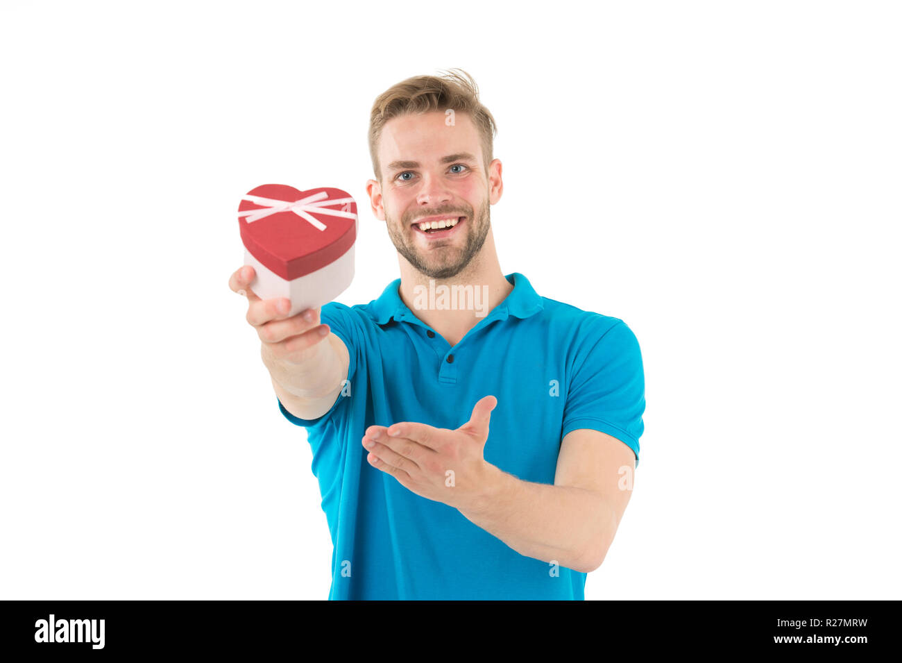 Happy man hold heart shaped valentine box. Guy smile isolated on white. I  give you my heart. Presenting product concept. Share his love. Valentines  day Stock Photo - Alamy