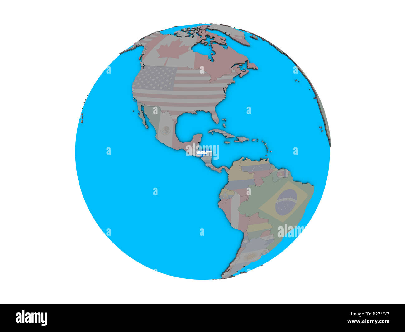 Honduras with embedded national flag on blue political 3D globe. 3D ...