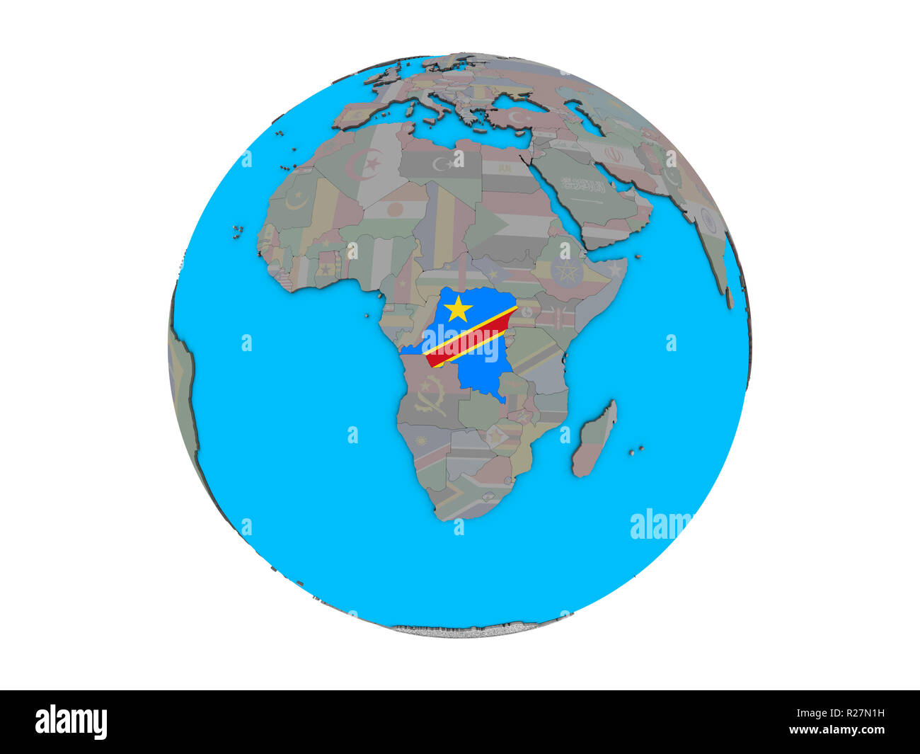 Dem Rep of Congo with embedded national flag on blue political 3D globe. 3D illustration isolated on white background. Stock Photo