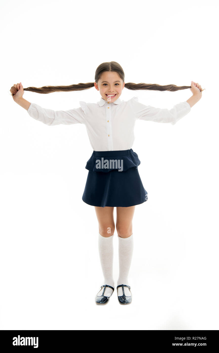 Happy Kid Show Long Brunette Hair Isolated On White Fashion Girl