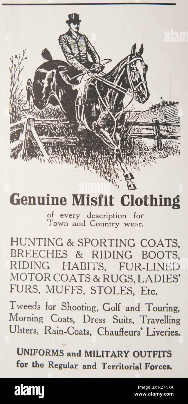 An old advert for equestrian clothing. From an old British magazine from the 1914-1918 period. Stock Photo