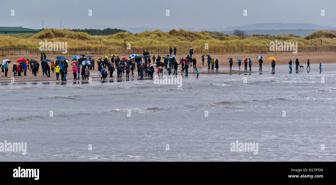 PAGES OF THE SEA PEOPLE GATHERED ON WEST SANDS BEACH ST ANDREWS SCOTLAND TO VIEW THE IMAGES DRAWN ON THE SAND AND THEN SEE THEM COVERED BY INCOMING TI Stock Photo