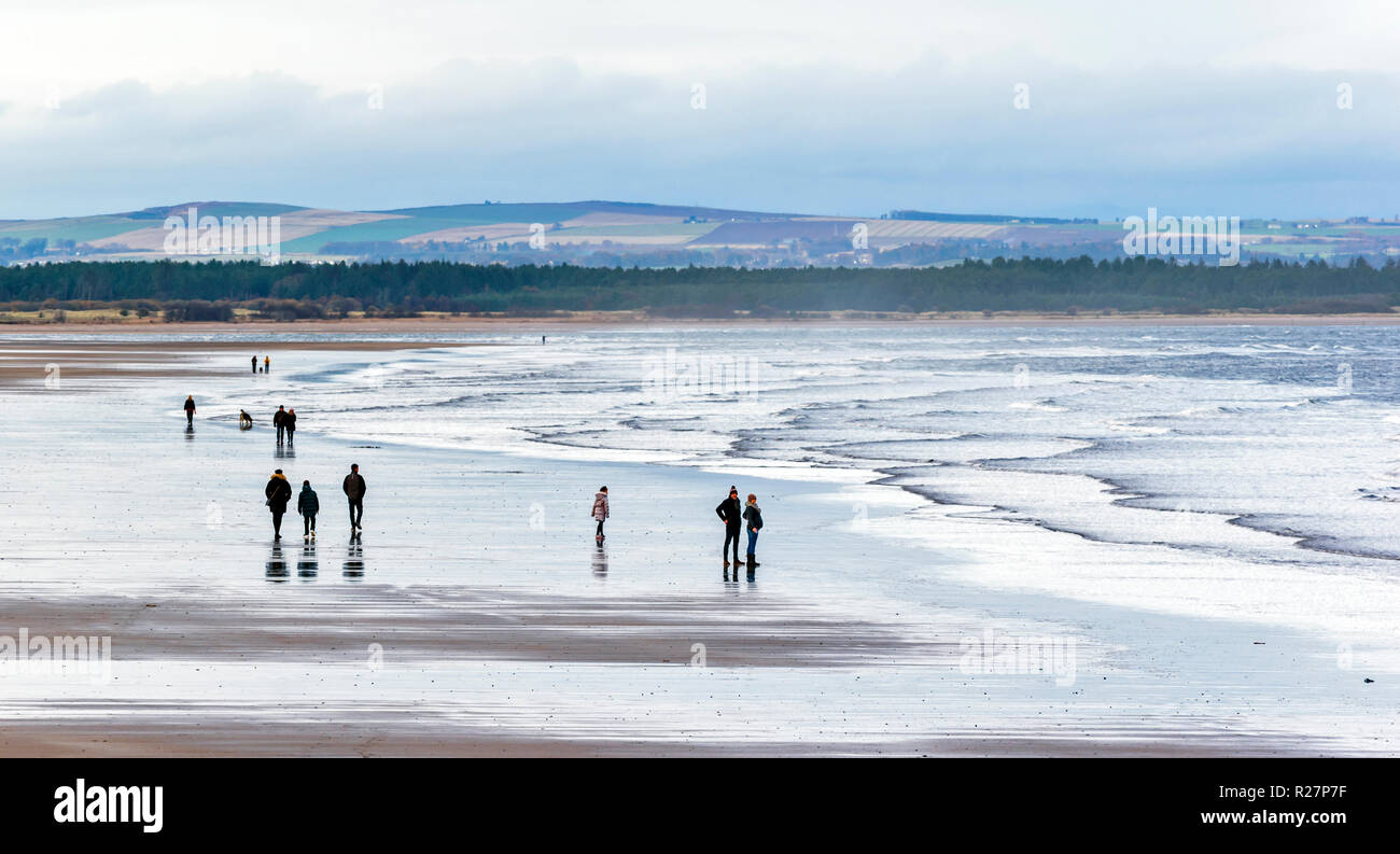 ST ANDREWS FIFE SCOTLAND PEOPLE WALKING ON WEST SANDS BEACH IN AUTUMN Stock Photo