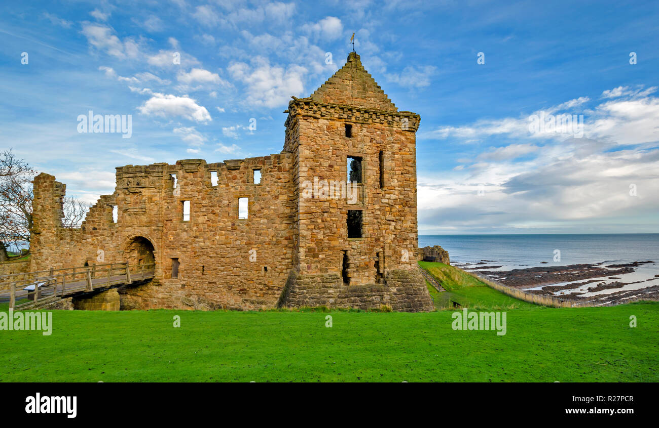 ST ANDREWS FIFE SCOTLAND THE CASTLE RUINS BRIDGE OVER THE MOAT AND MAIN