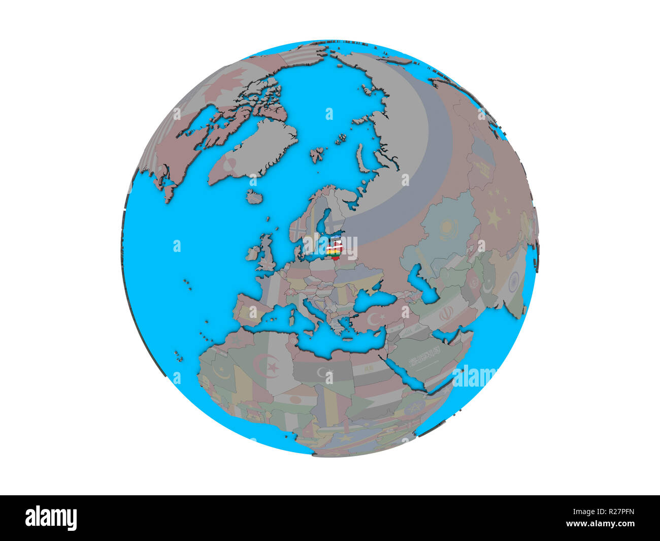 Baltic States with embedded national flags on blue political 3D globe. 3D illustration isolated on white background. Stock Photo