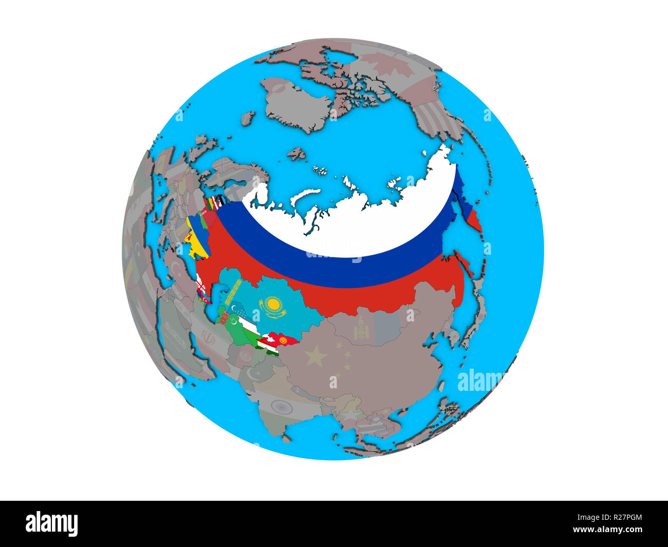 Former Soviet Union with embedded national flags on blue political 3D globe. 3D illustration isolated on white background. Stock Photo