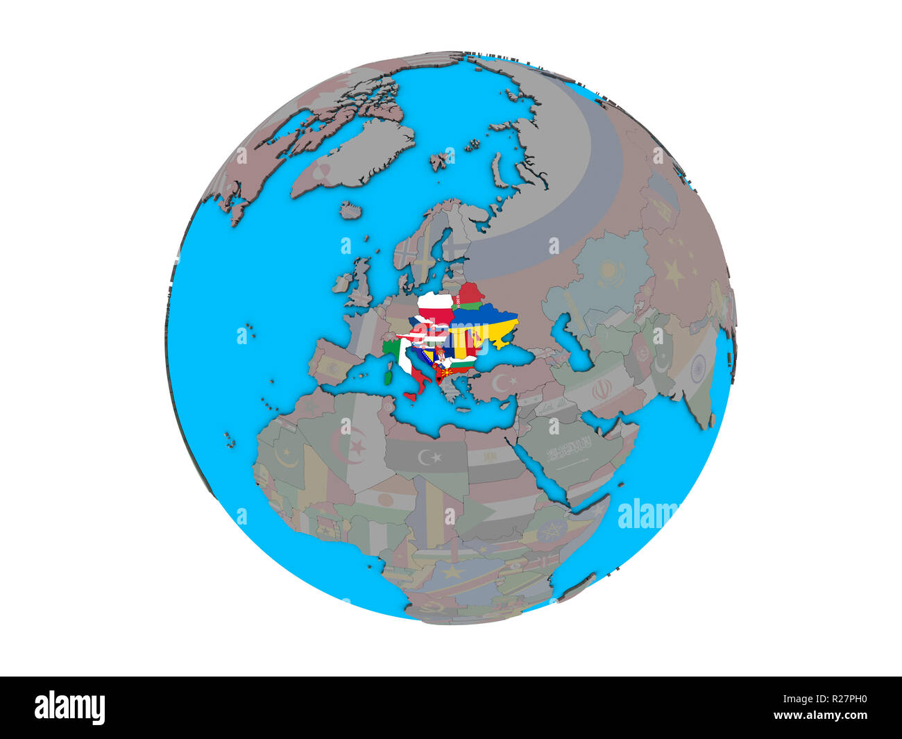 CEI countries with embedded national flags on blue political 3D globe ...