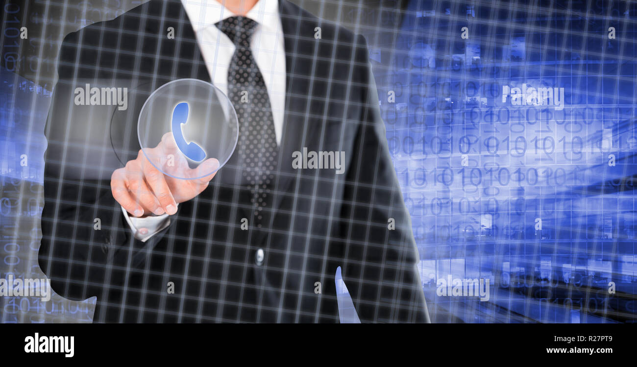 Businessman pressing button on touchscreen interface and selecting phone call Stock Photo