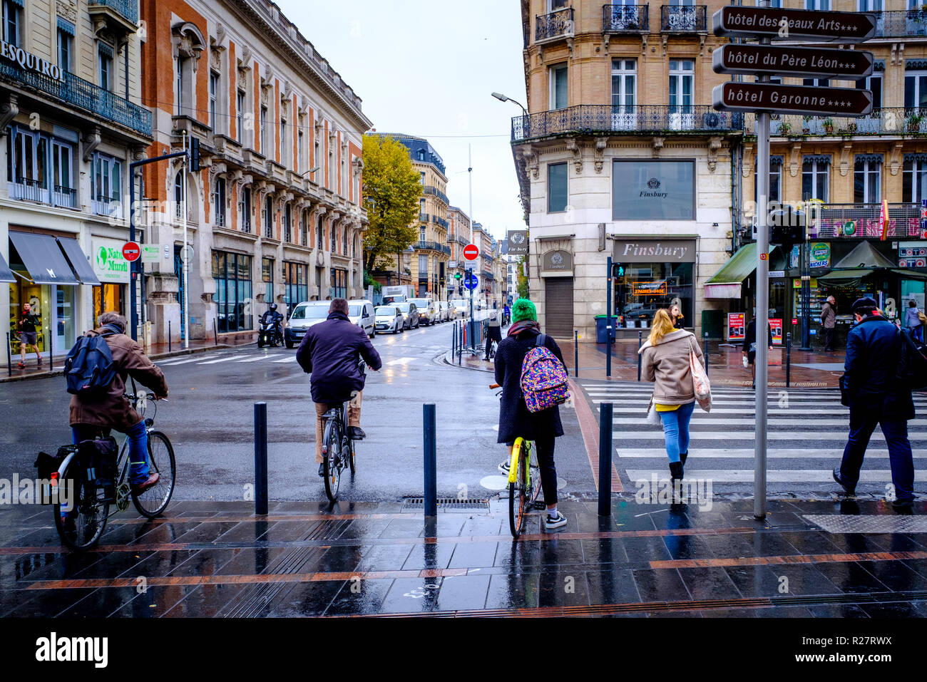 Street scene in the rain in Toulouse, France Stock Photo