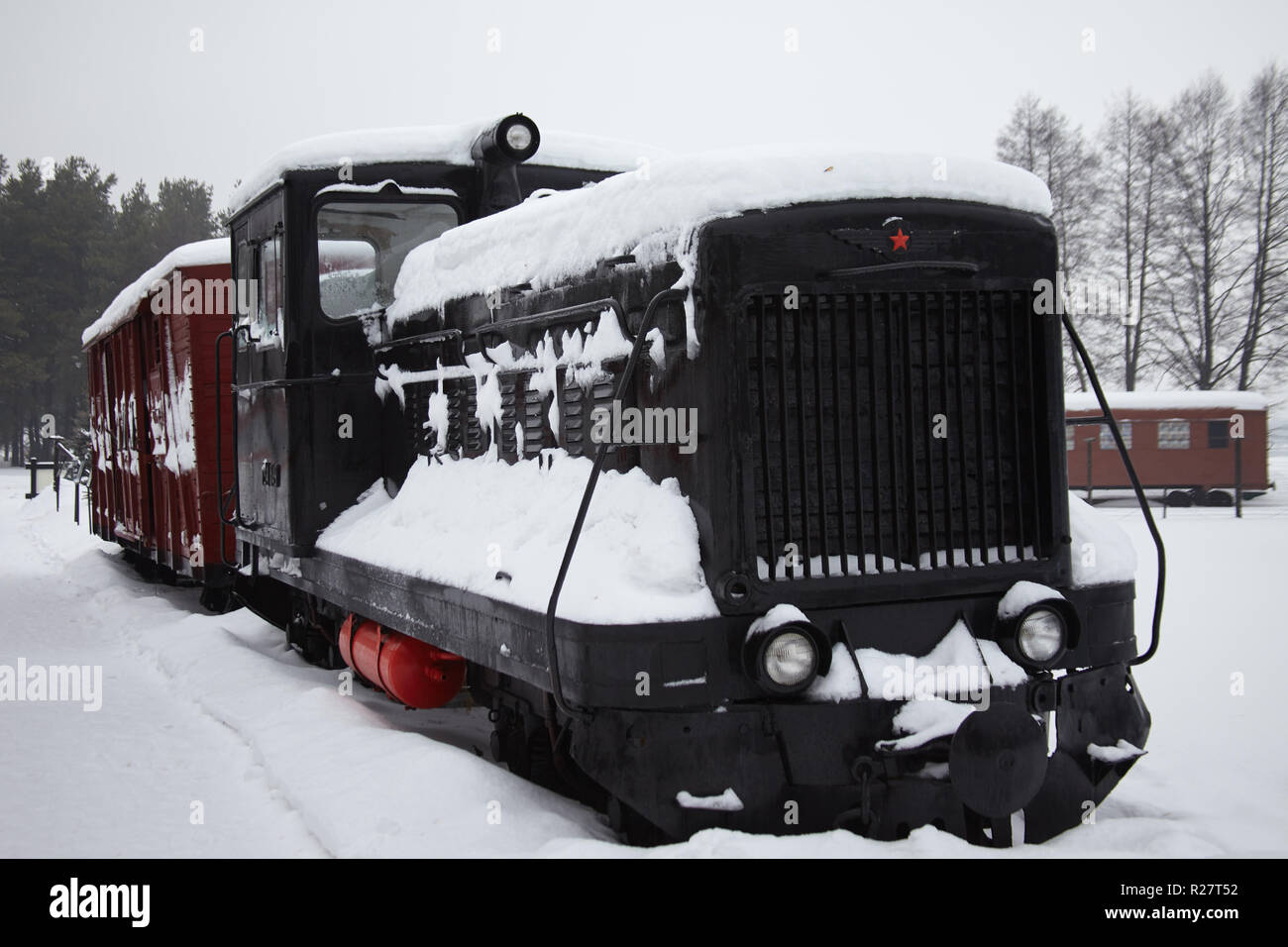 DRUSKININKAI, LITHUANIA - JAN 07, 2011: TU4 Soviet locomotive at Grutas Park (Gruto parkas), a sculpture garden of Soviet-era statues and an expositio Stock Photo
