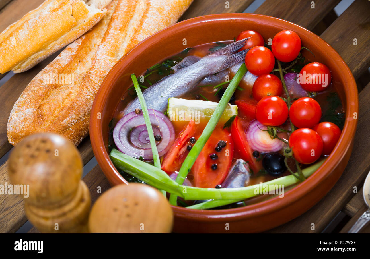 Fisherman's hoosh boiled with poutassou, small sea fish, tomatoes and ...