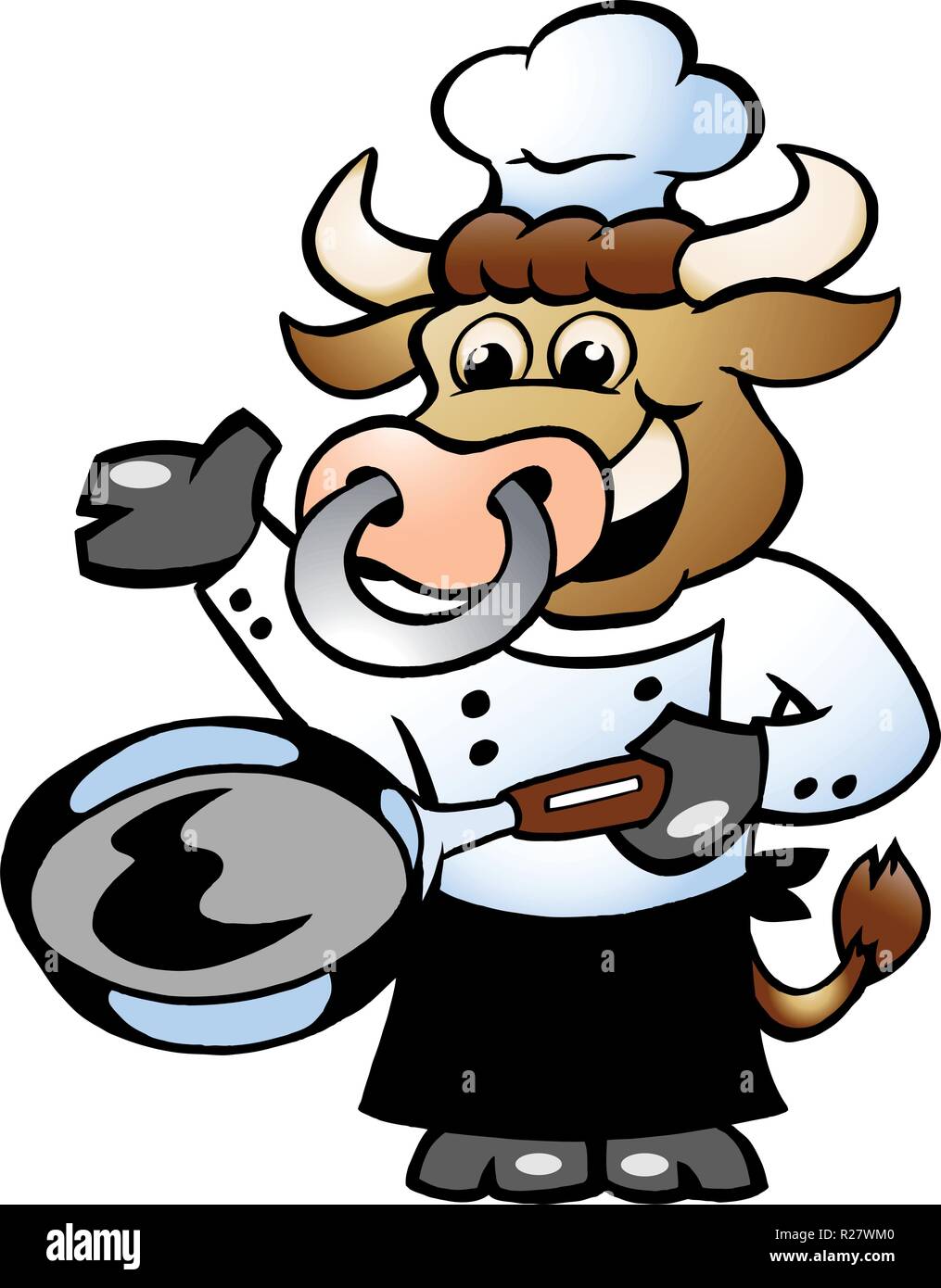 Hand-draw Vector illustration of an Bull Chef Cook holding a Pan Stock Vector