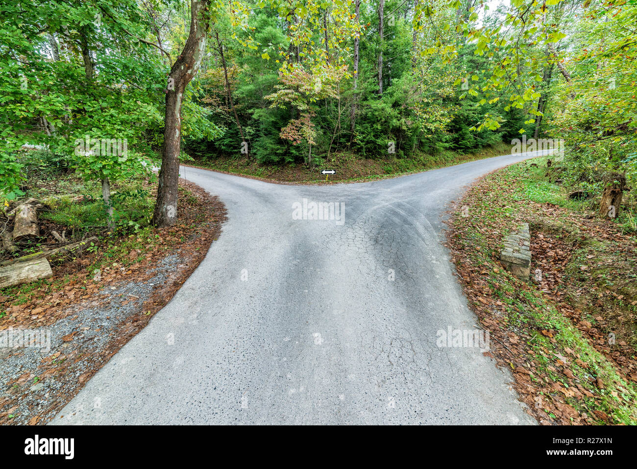 Horizontal shot of a fork in the road.  Decision time. Stock Photo
