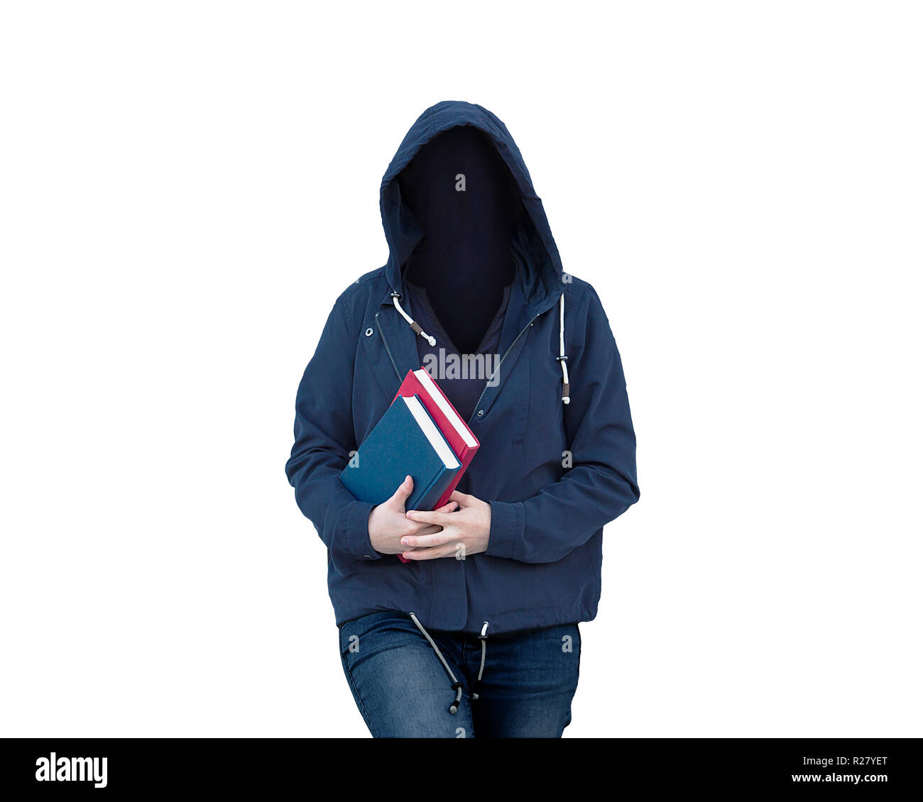 Surreal image as woman student holding books and wearing hood over  invisible face isolated over white background. Social mask for hiding his  identity Stock Photo - Alamy