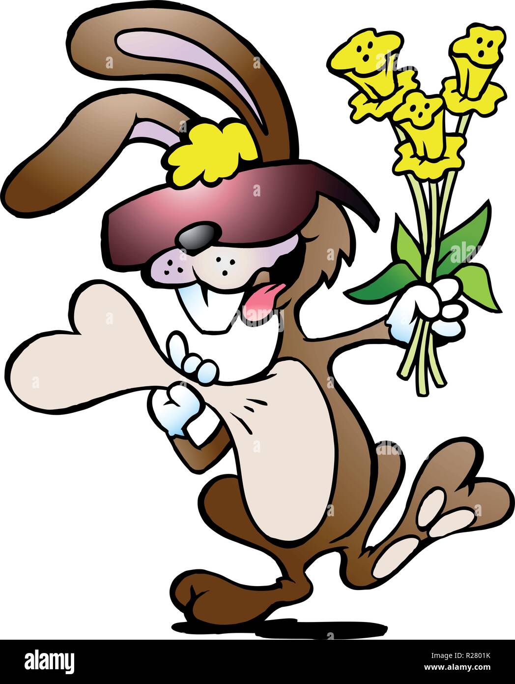 Hand-drawn Vector illustration of an happy rabbit with a bouquet of ...