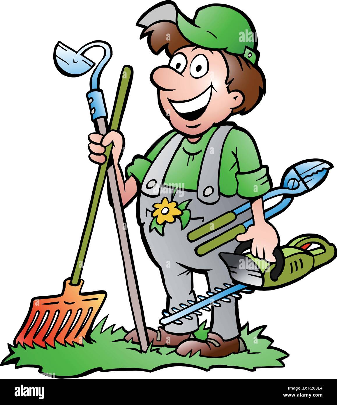 Hand-drawn Vector illustration of an happy Gardener standing with his garden tool Stock Vector