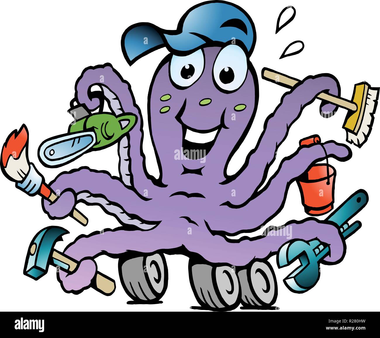 Hand-drawn Vector illustration of an Happy Busy Octopus Handyman Stock Vector