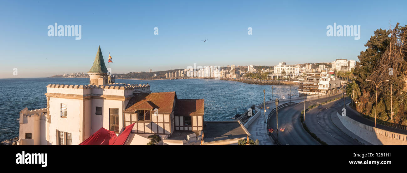 Panoramic view of Vina del Mar skyline with Wulff Castle (Castillo Wulff) - Vina del Mar, Chile Stock Photo