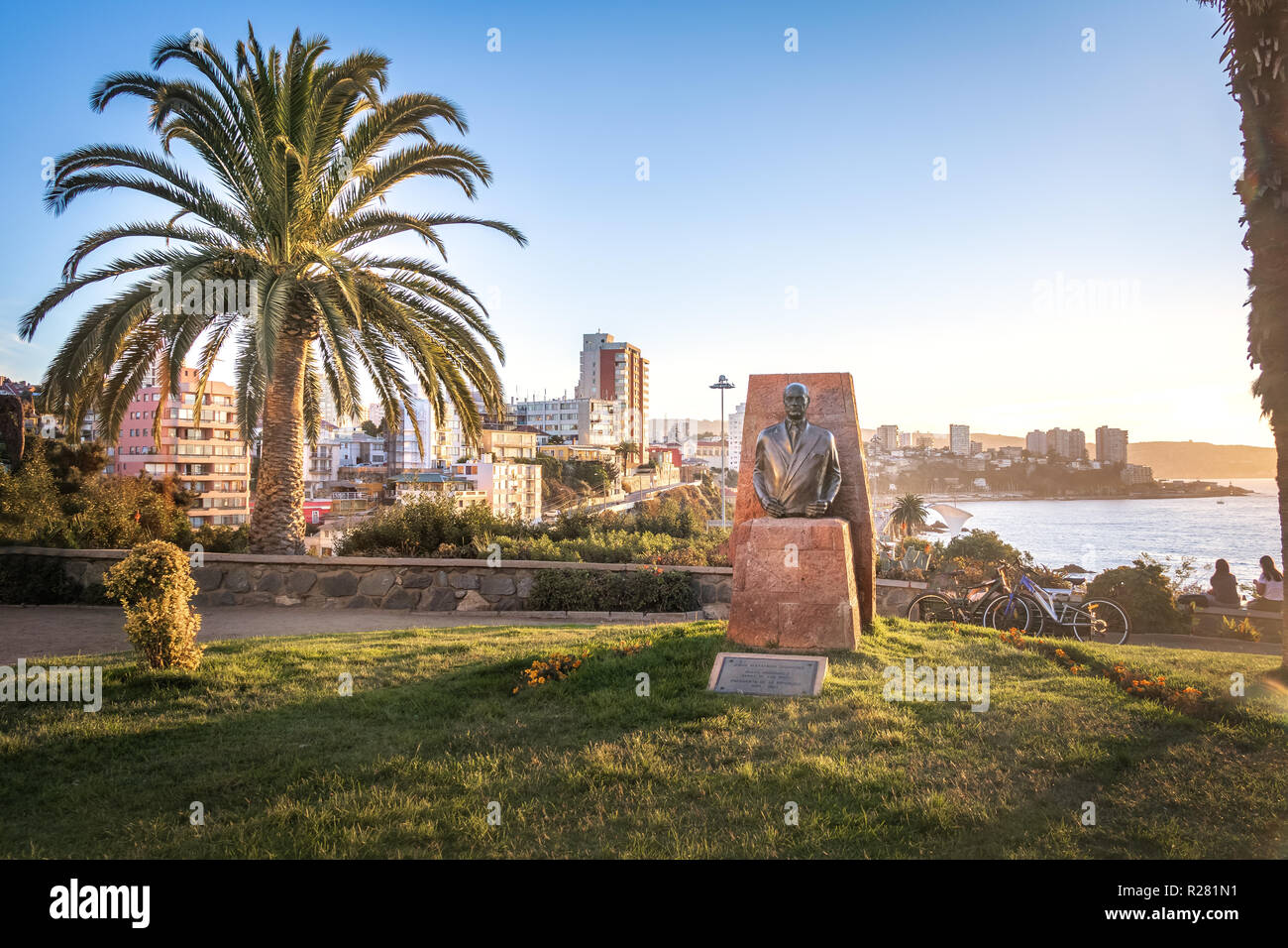 Jorge Alessandri viewpoint at sunset and aerial view of VIna del Mar - Vina del Mar, Chile Stock Photo