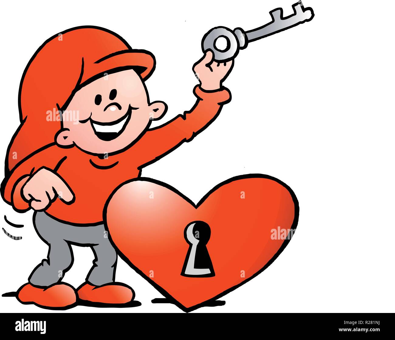 Hand-drawn Vector illustration of an Happy Christmas Elf  with the key to the heart Stock Vector