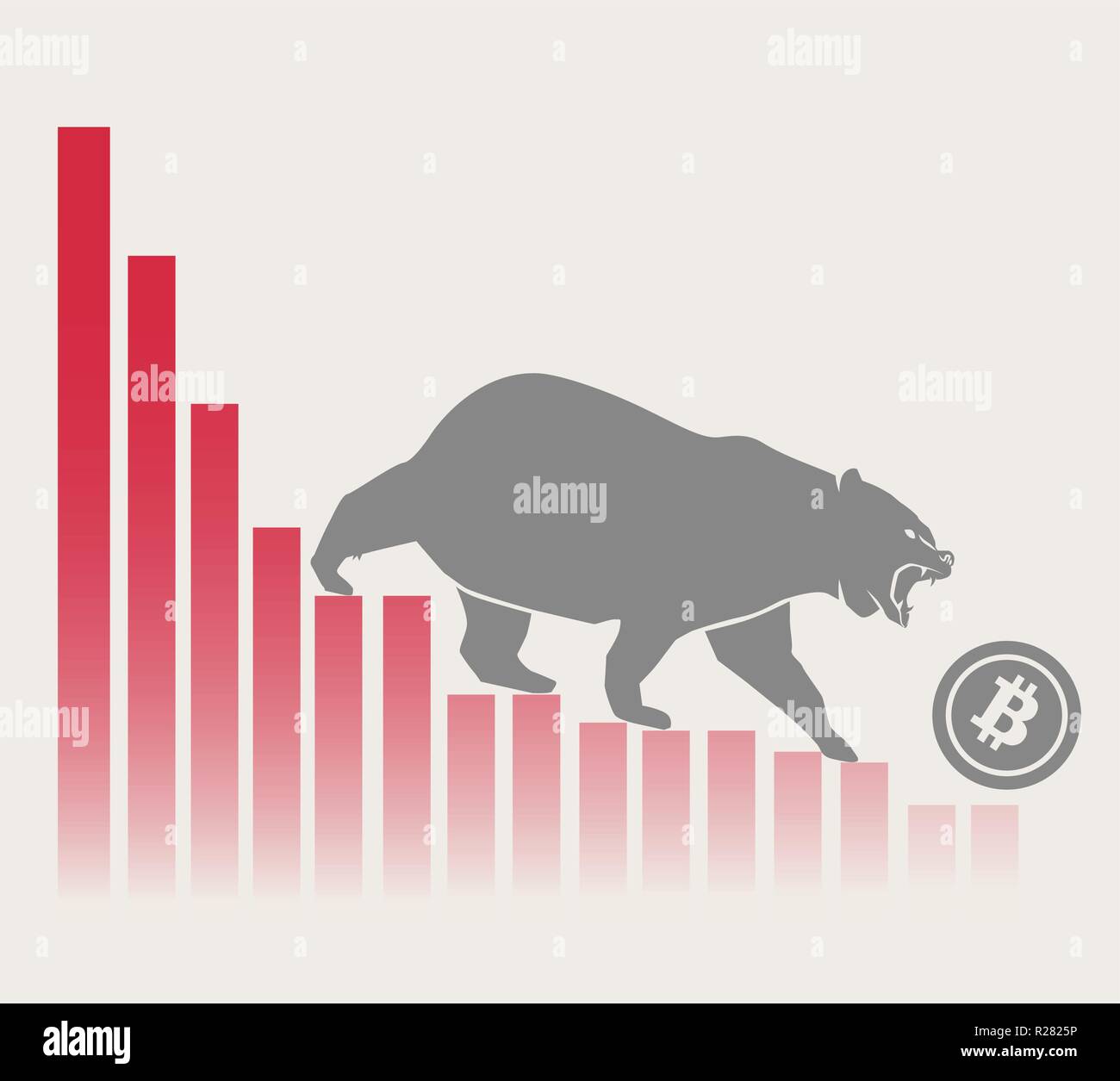 Bear moves Bitcoin down on graph, negative cryptocurrency market, grey background Stock Vector