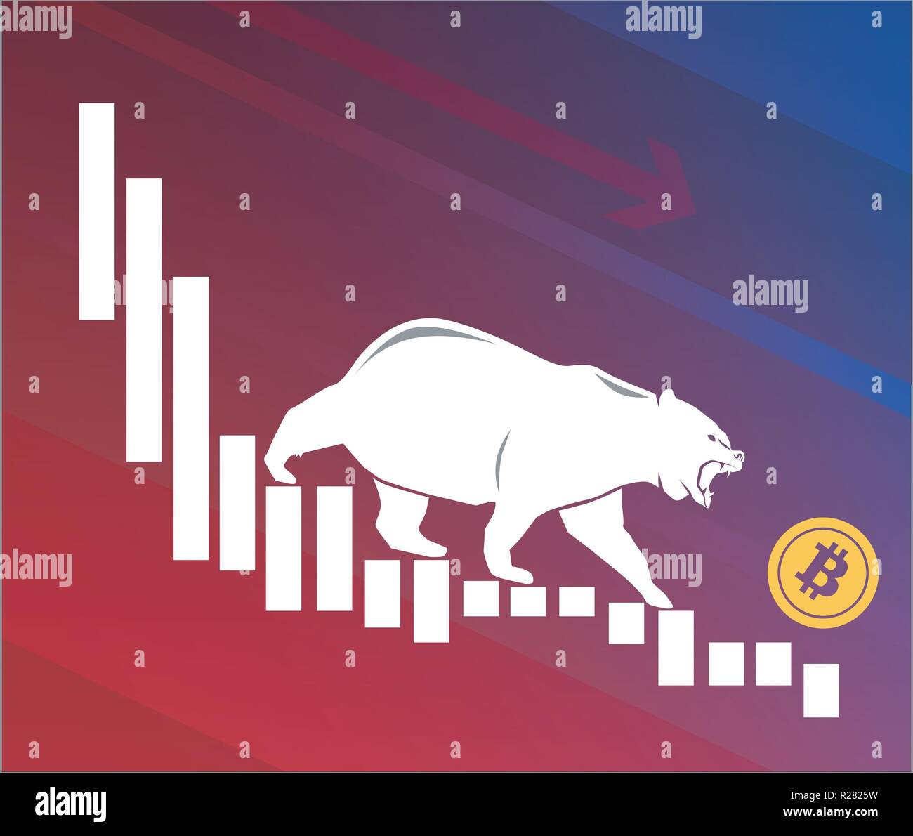 Bear moves Bitcoin down on graph, negative cryptocurrency market, red background Stock Vector