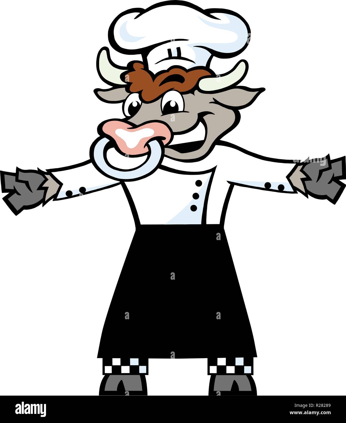 Hand-drawn Vector illustration of an Happy Bull Chef standing and welcome Stock Vector