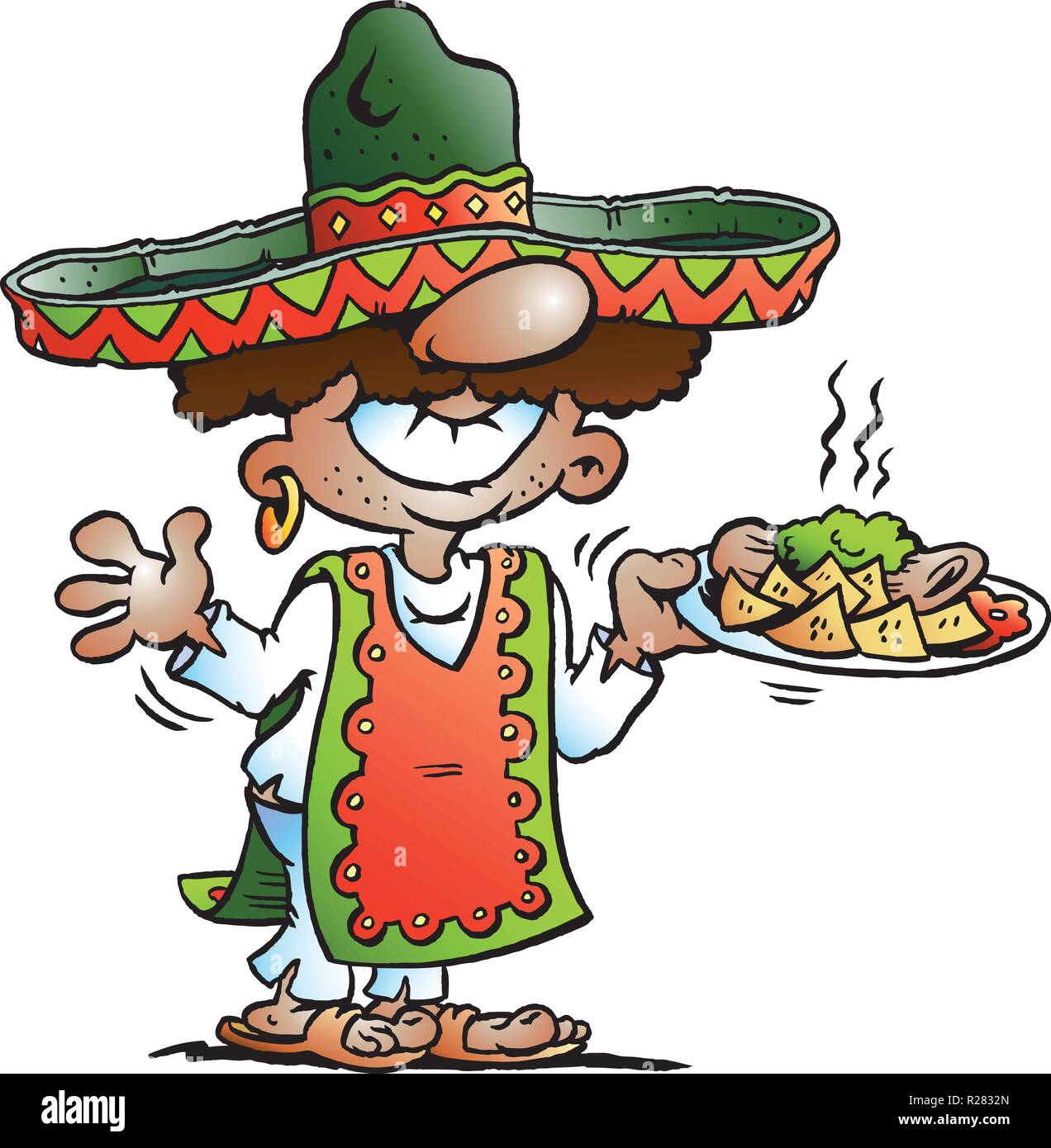 Vector Cartoon illustration of a Happy Mexican standing with some Tarco Food Stock Vector