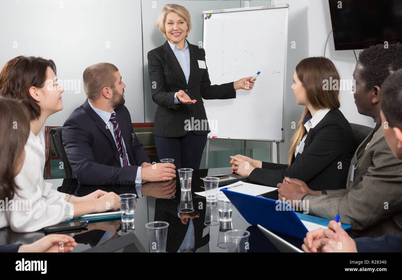 Successful happy senior business woman presenting new business strategy ...