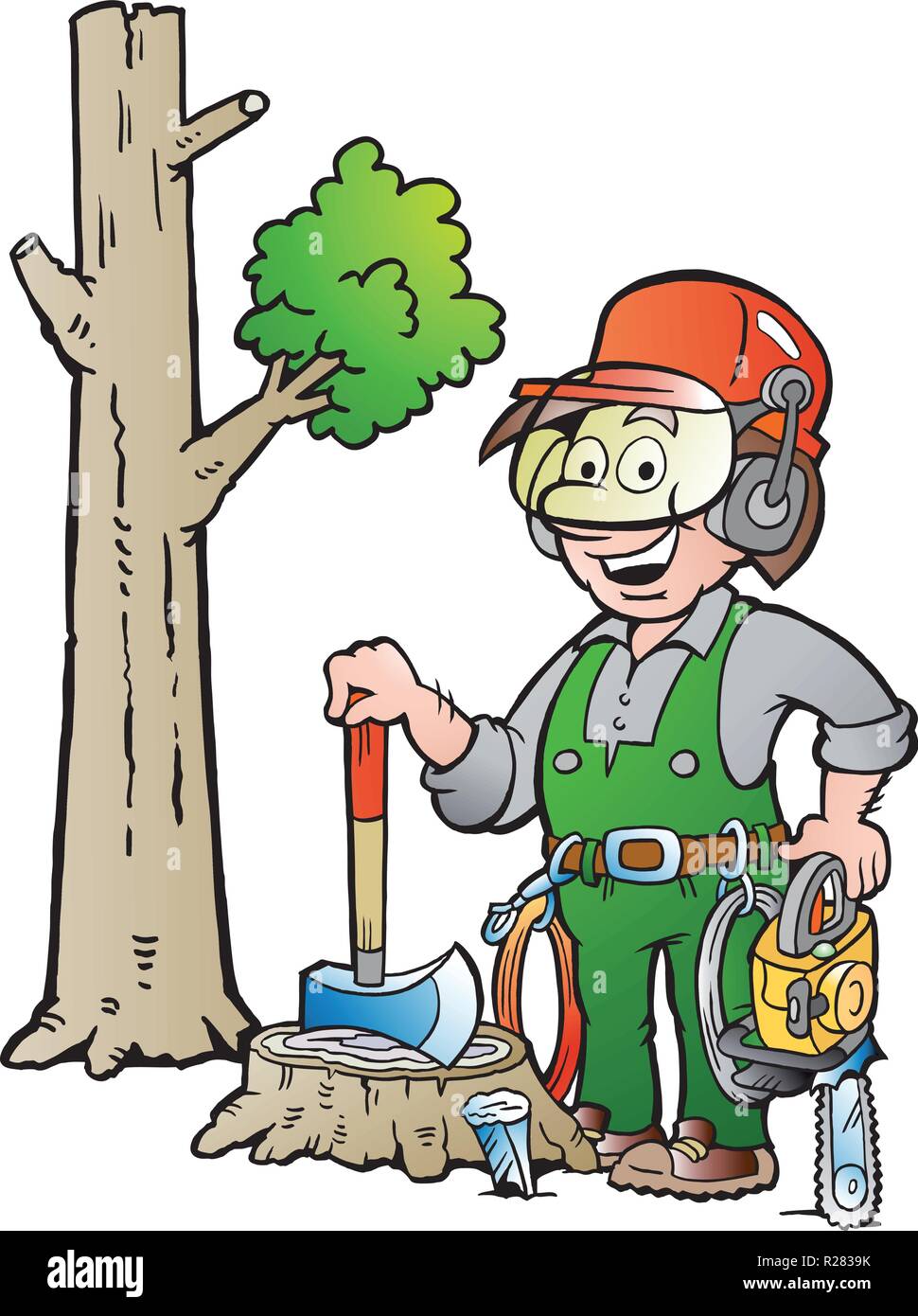 Vector Cartoon illustration of a Happy Working Lumberjack or Woodcutter Stock Vector